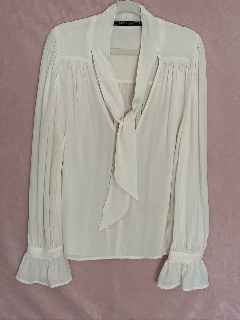 Shoulder Ivory/Off White Viscose Bow Tie Ruffle Cuff Blouse